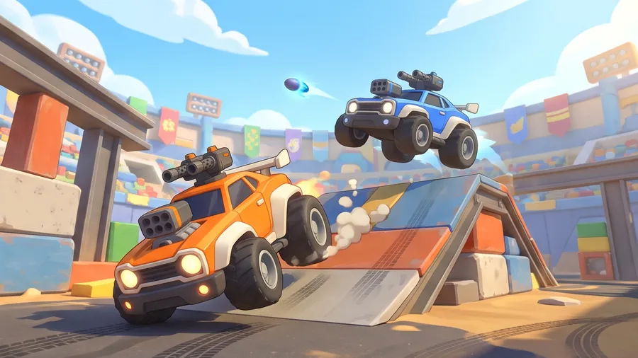 Wreckage concept art: an orange armed car launches off a ramp while a blue car jumps overhead, in a toy-like stadium arena under a blue sky.